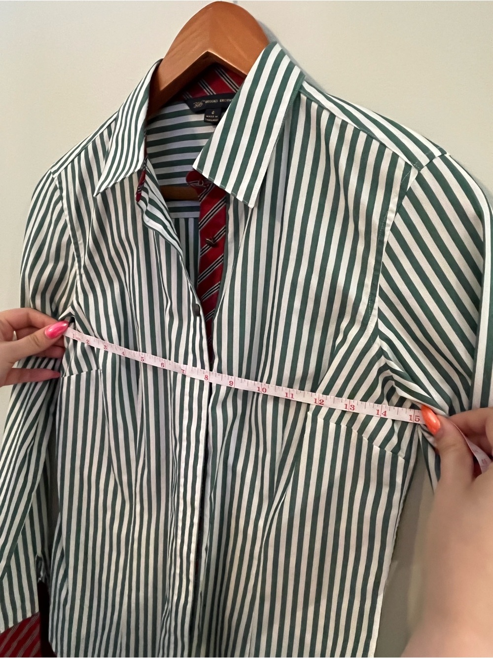 Women’s Green and White Striped Button-Up Shirt with Red Contrast Trim - Picture 6 of 7